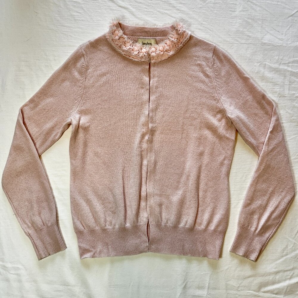 NEIMAN MARCUS EMBELLISHED CASHMERE CARDIGAN, BLUSH PINK, MED